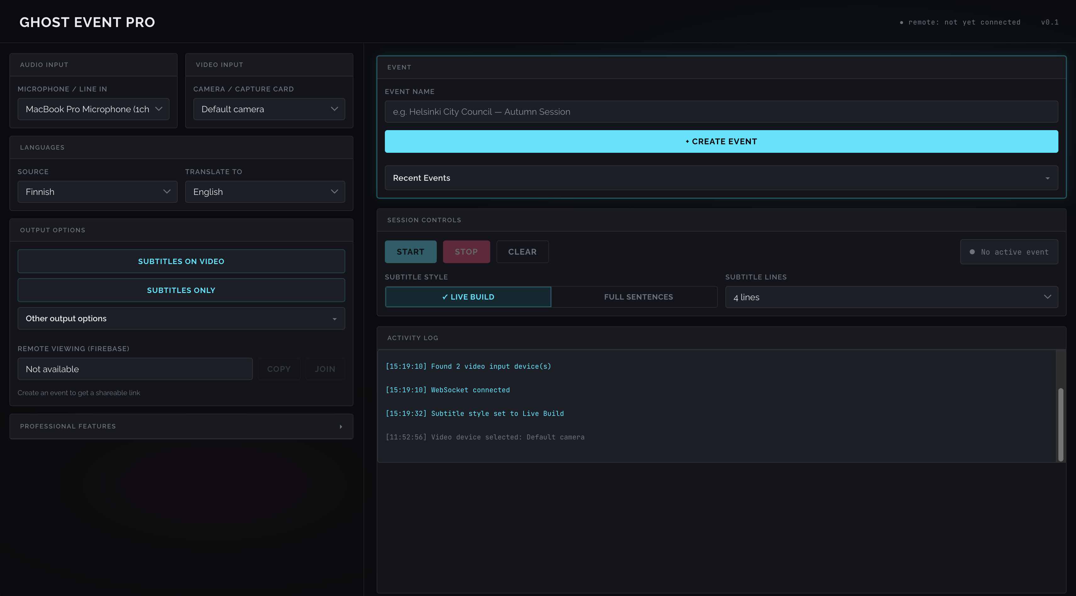 Ghost Event Pro control panel: audio and video input selectors, source and target languages, output options, event creation, session controls and an activity log